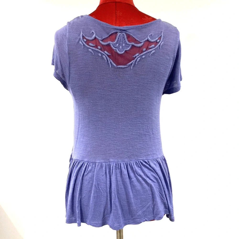 Free People baby doll peplum top blue slub knit lace embroidery details Boho XS